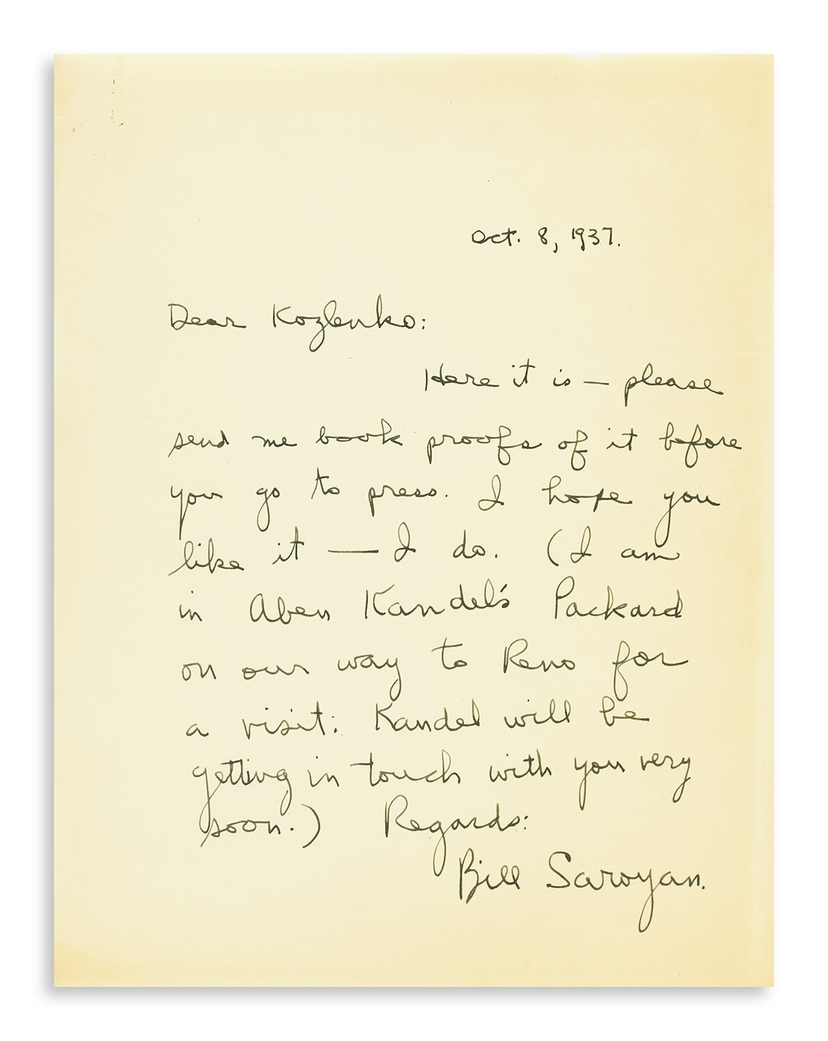 SAROYAN, WILLIAM. Small archive of 13 letters Signed, Bill Saroyan or William Saroyan, to editor William Kozlenko, including two Au